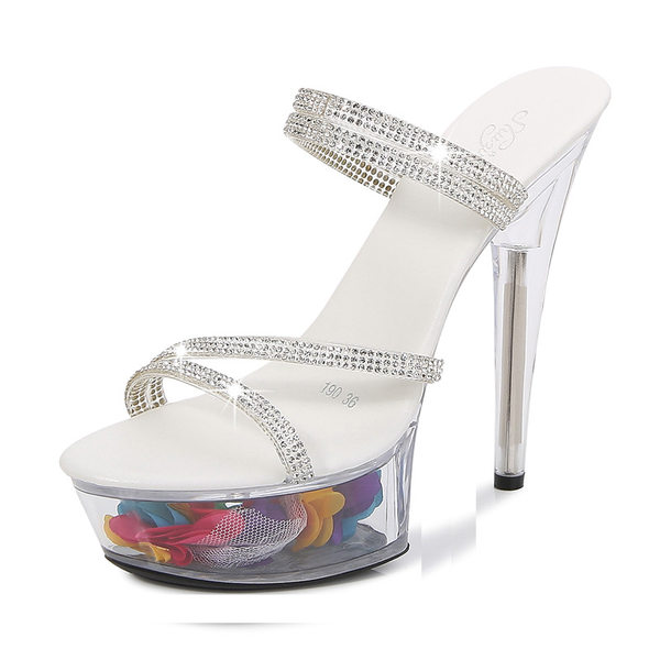 Giày Sandal Cao Gót Nữ Quai Trong Suốt Đính Đá Gót Cao 13cm Màu Trắng, Bạc