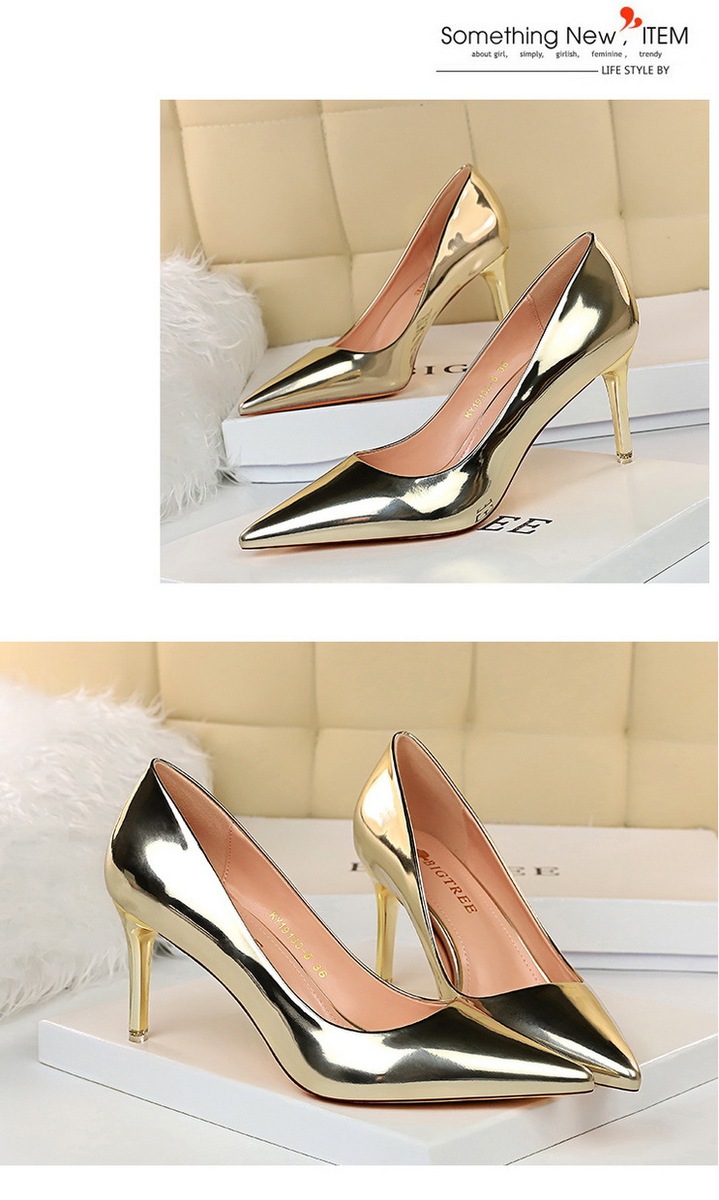 Giày cao gót nữ mũi nhọn gót kim loại phối da bóng — 9511-7 Bạc 10.5CM, 9511-7 đen 10.5CM, 9511-7 Đồng 10.5CM, 9511-7 màu sâm panh 10.5CM