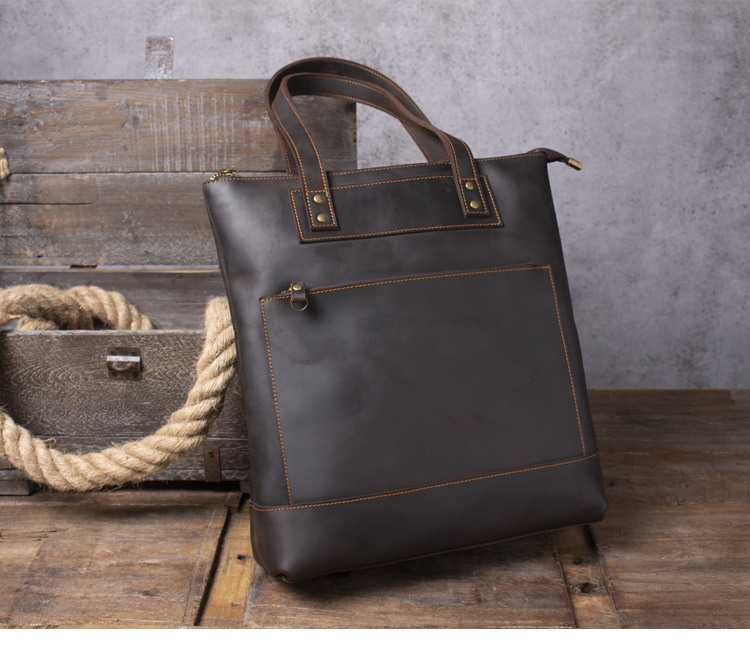 Túi Tote Da Bò Thủ Công Vintage Đơn Giản Đựng Laptop Cho Nam