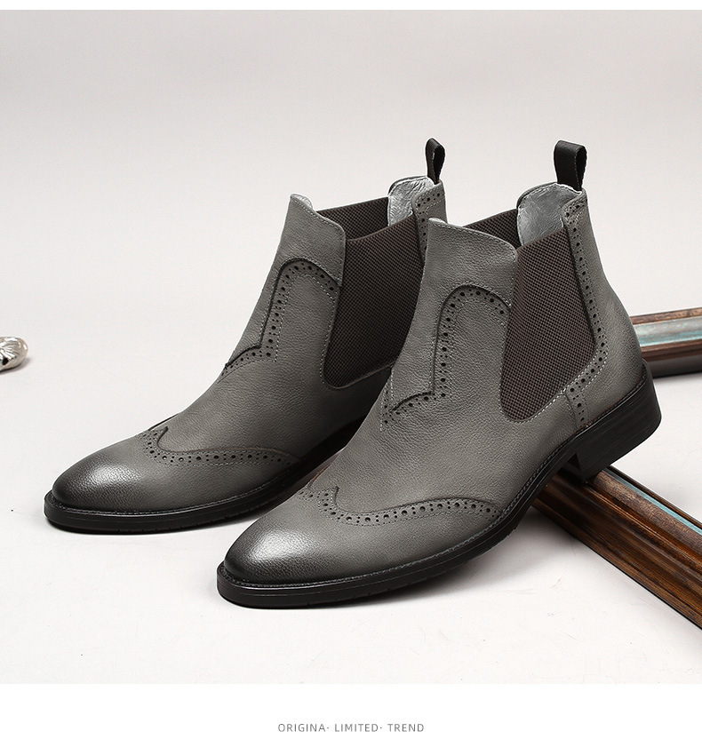 Boot Chelsea nam da bò thật vân vải thiều chạm khắc, cổ thấp lót lông giữ ấm — Màu đen lót nhung, Màu xám lót da, Màu đen lót da, Màu xám lót nhung