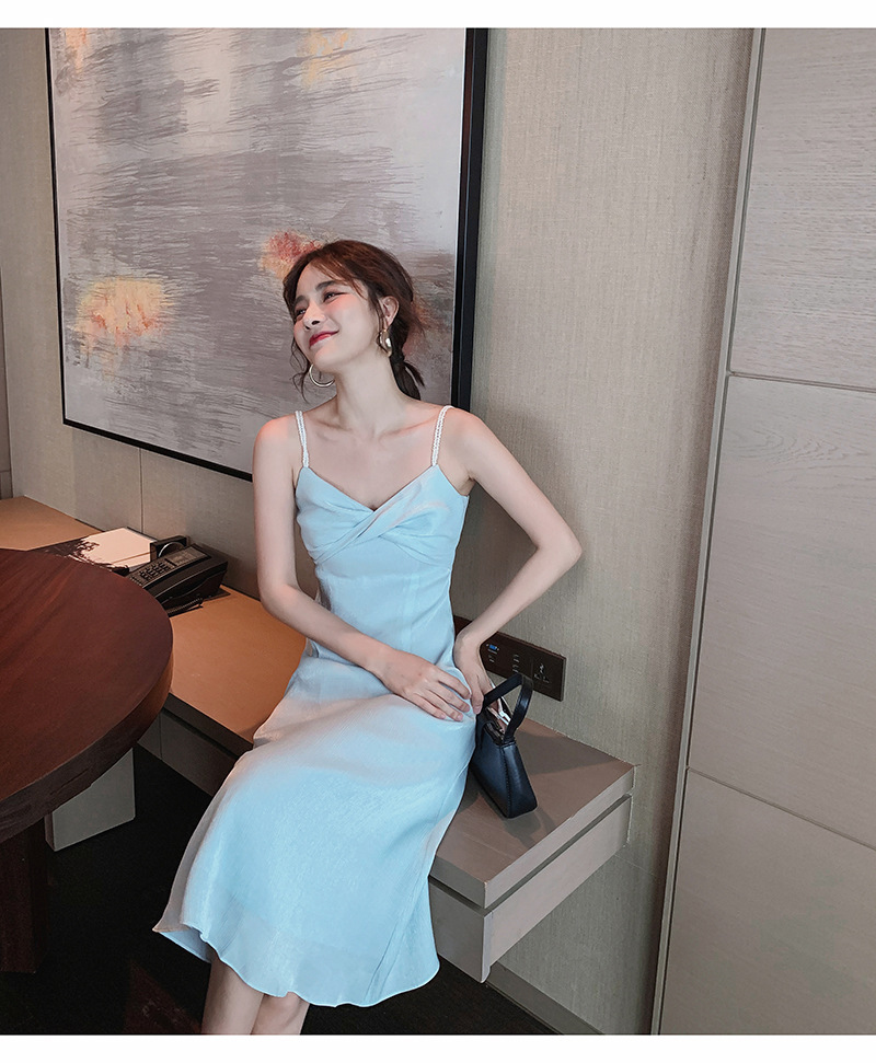 Đầm maxi nữ thắt eo phong cách Pháp cổ điển — Trắng, Xanh nhạt chi tiết 3