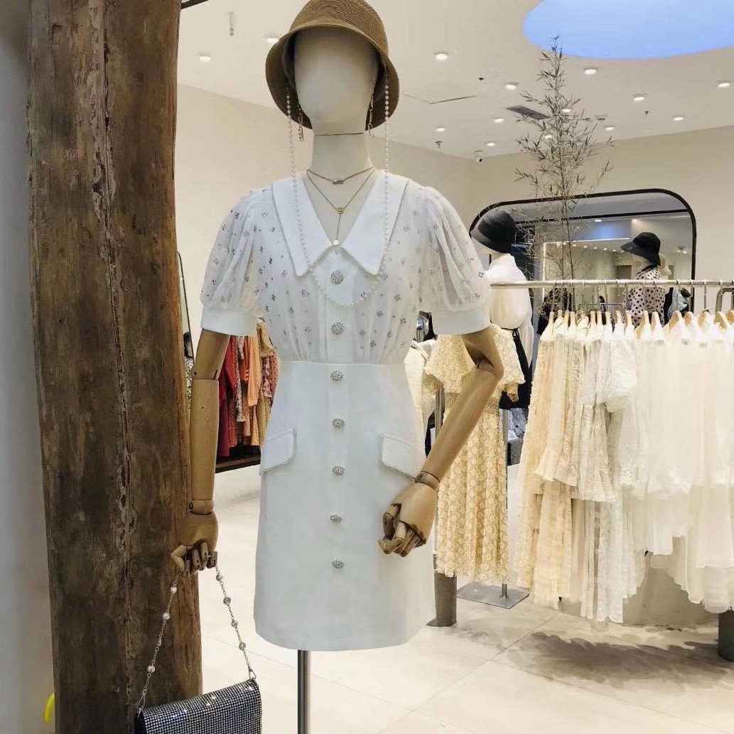 Đầm maxi nữ thắt eo cổ sơ mi tay ngắn đính đá — Trắng, Đen chi tiết 7