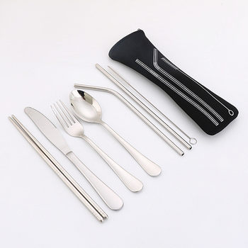 Portable Cutlery Set of 7 Pieces, Colorful Stainless Steel Knife, Fork, Spoon, Chopsticks Set, Straw Combination, Multifunctional Portable