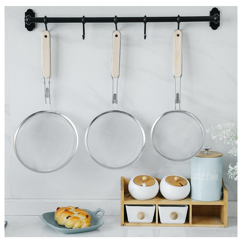 201 stainless steel colander wooden handle punching oil grid 40 mesh flour sieve baking tools Kitchen Dumpling fishing filter