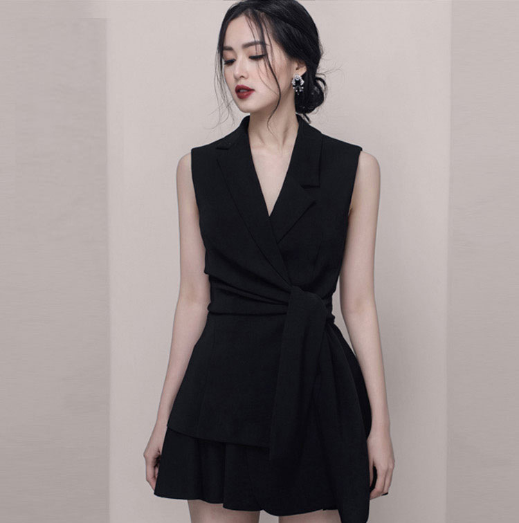 Đầm suông nữ midi cổ V không tay, chất liệu polyester phối ren — Trắng, Đỏ, Đen chi tiết 2