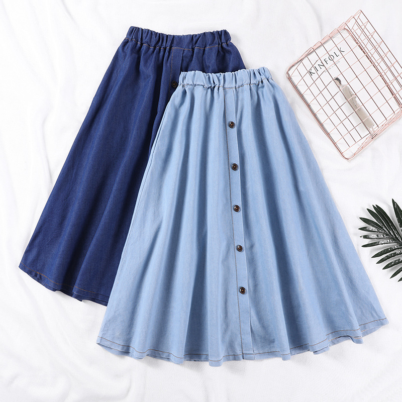 High Waisted Denim Skirt for Women Elastic Waist A Line Mid Length Casual Wear for Students Wholesale Available