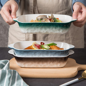 Nordic Simple Tableware Ceramic Square Bowl Distinctive Baked Rice Bowl Household Baking Plate Oven Baking Binaural Long Square Plate