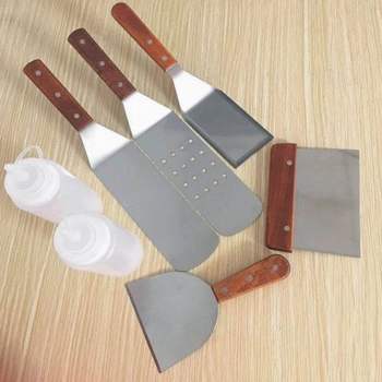 Barbecue Tool Set with Wooden Handle, Teppanyaki Spatula, Stainless Steel Scraper, Seven-Piece Set, Essential for Grilling and Camping