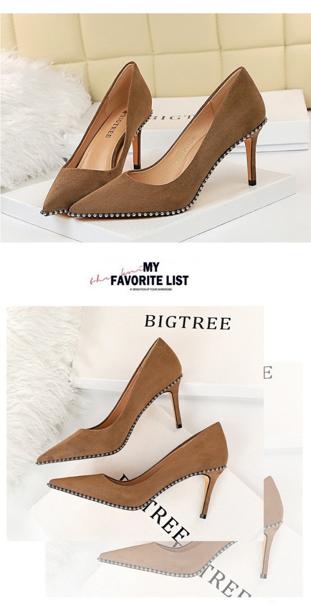 Giày cao gót nữ mũi nhọn gót nhọn 8cm mặt nhung phối xích kim loại — 1829-A5 đen 8CM, Kaki 8CM 1829-A5