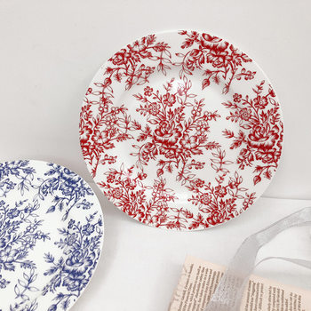 French Style ins Vintage Hand-painted Blue Flower Plate Ceramic Western Food Plate Household Plate Cake Plate Steak Dessert Fruit Plate