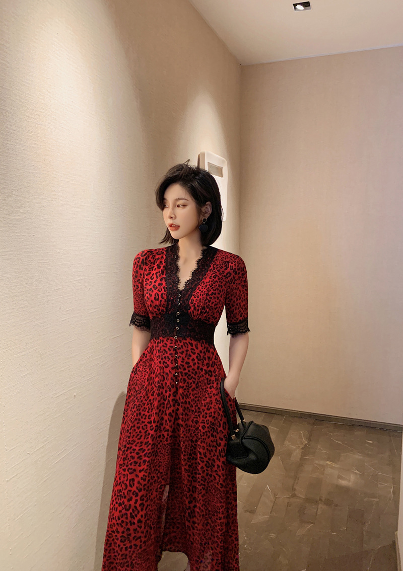 Đầm maxi ren nữ V cutout dáng suông tay lỡ họa tiết hoa — [Đỏ] chi tiết 8