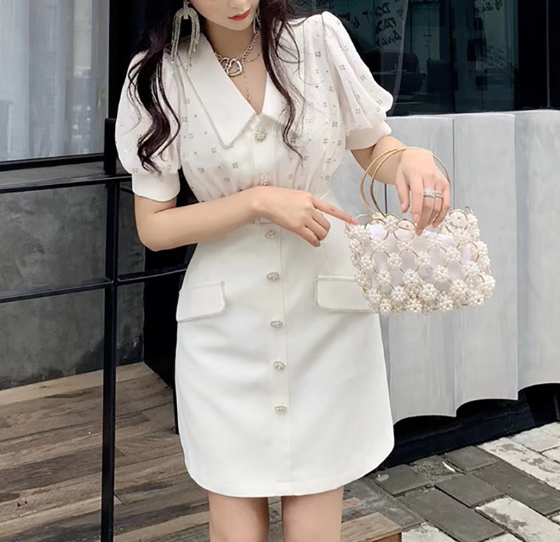 Đầm maxi nữ thắt eo cổ sơ mi tay ngắn đính đá — Trắng, Đen chi tiết 3