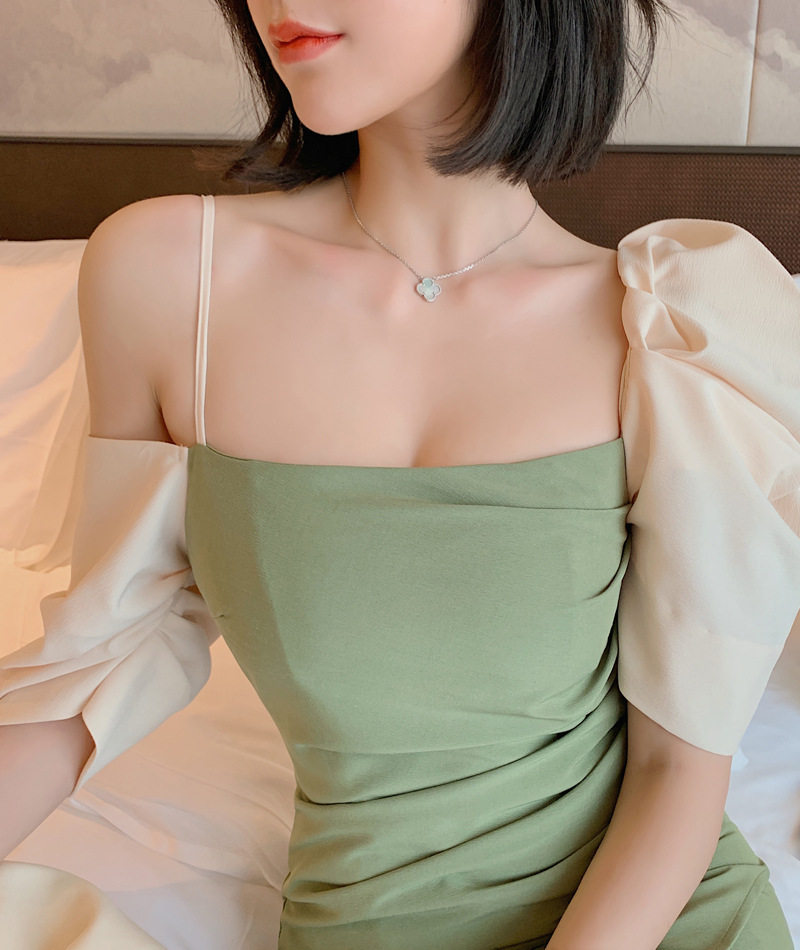 Váy Đầm Dự Tiệc Nữ Tay Lửng Lệch Tông Màu Xanh Bơ, Trắng chi tiết 13