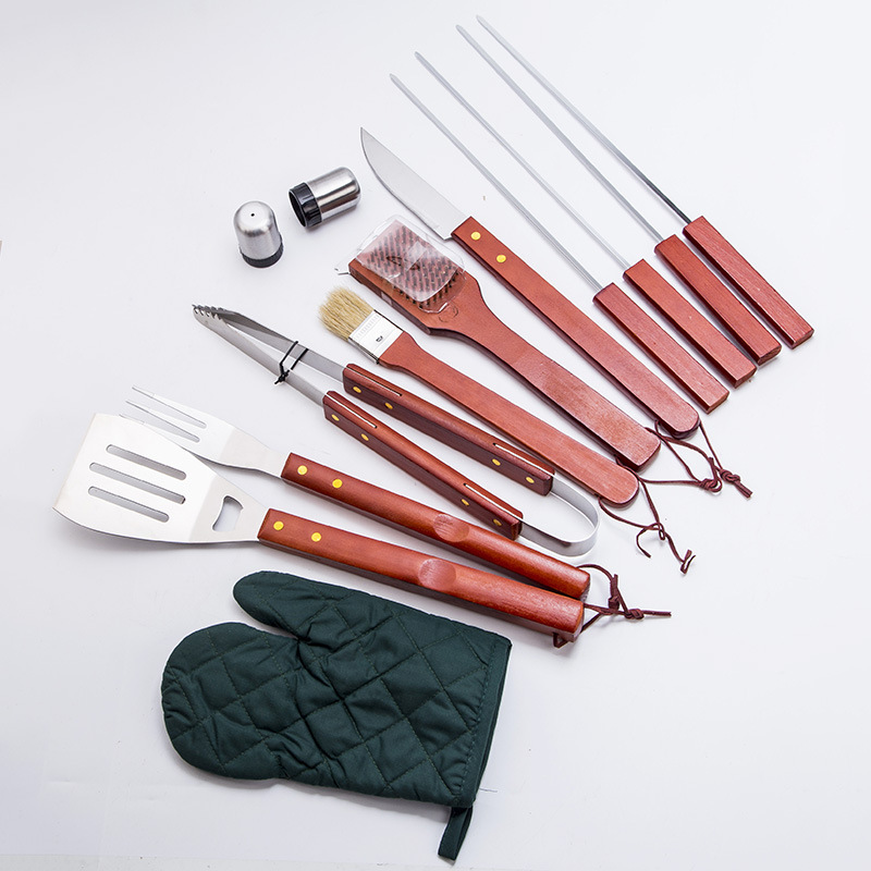 Factory Direct stainless steel BBQ grill wooden handle 13 pieces cloth bag grill suit outdoor barbecue tools supplies