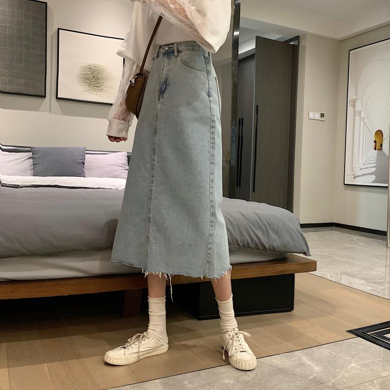 Vintage High Waisted A Line Denim Midi Skirt for Women Slim Fit Split Design Korean Style Perfect for Spring and