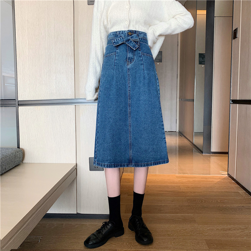 High Waisted Denim Midi Skirt A Line Bodycon Fit Side Slit Versatile Style Perfect for Spring and Autumn