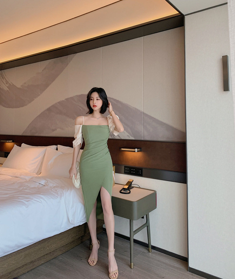 Váy Đầm Dự Tiệc Nữ Tay Lửng Lệch Tông Màu Xanh Bơ, Trắng chi tiết 6