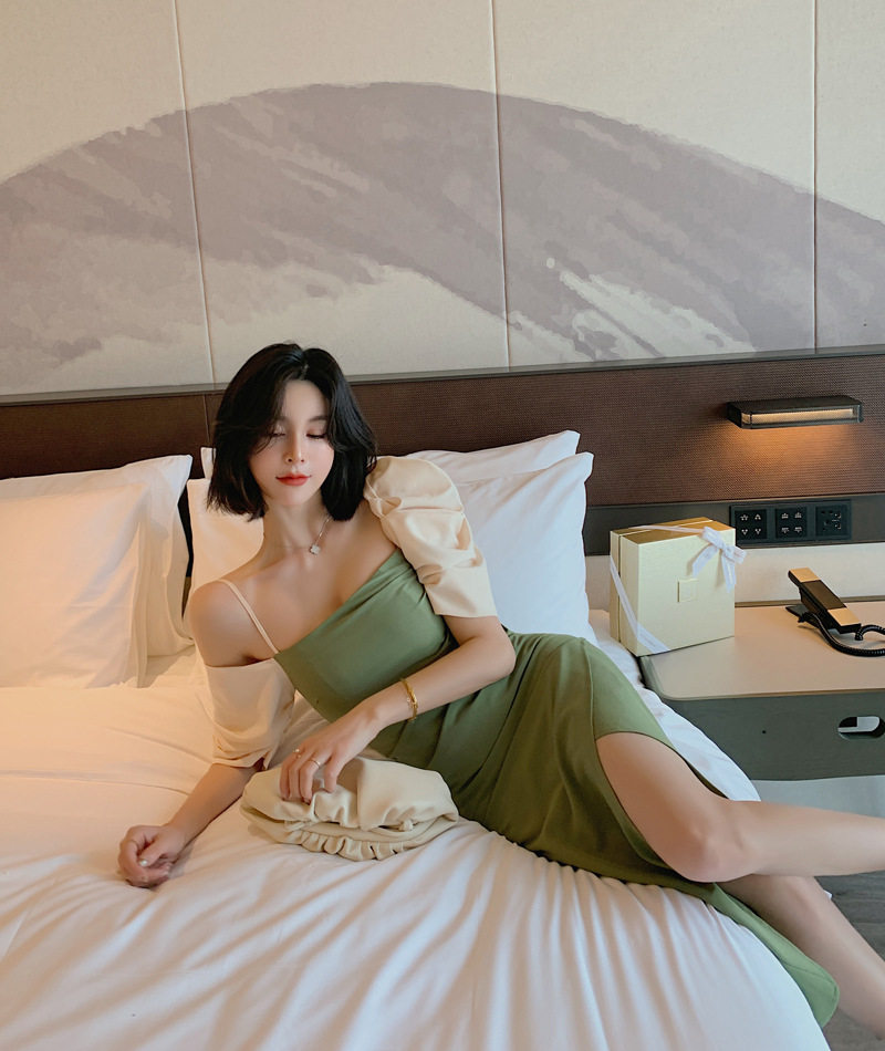 Váy Đầm Dự Tiệc Nữ Tay Lửng Lệch Tông Màu Xanh Bơ, Trắng chi tiết 3