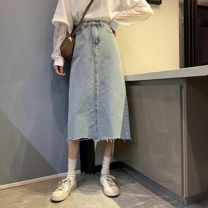Vintage High Waisted A Line Denim Midi Skirt for Women Slim Fit Split Design Korean Style Perfect for Spring and