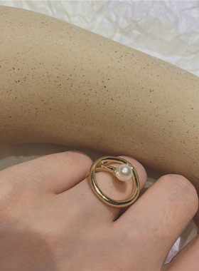 特价 艺术感曲线珍珠金属开口戒指chic金色复古戒指女食指戒