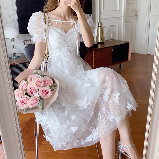 Đầm maxi nữ thắt eo tay bồng V cổ họa tiết bướm — Dáng ngắn chi tiết 7