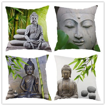 Hot sale Buddha statue bamboo linen single-sided home decoration sofa car seat decorative cushion pillow cover without pillow core