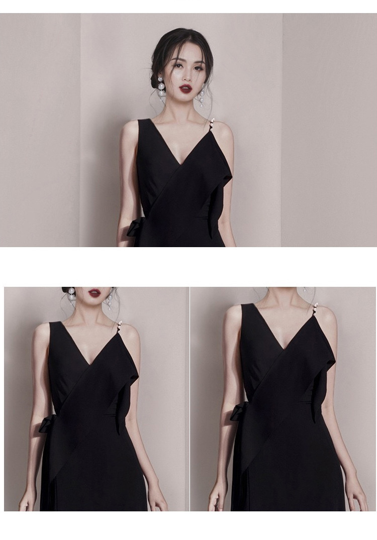 Đầm maxi nữ retro châu Âu cổ V, tay không, thắt eo ren — Hắc chi tiết 4