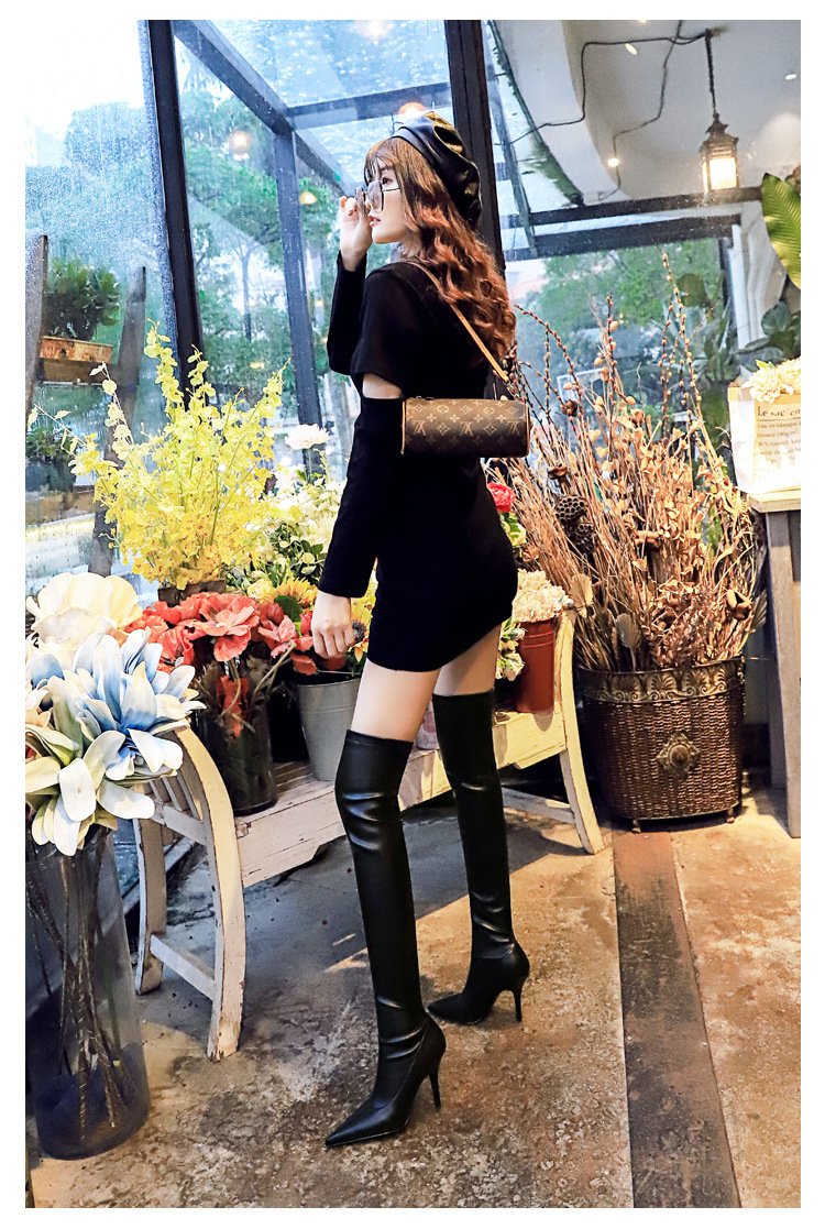 Boot nữ cổ cao quá gối mũi nhọn gót cao tôn dáng — Màu đen lót một lớp, Màu đen lót nhung