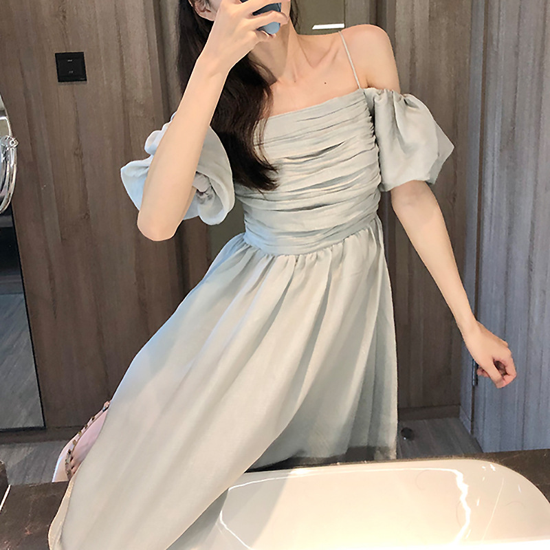 Đầm maxi nữ thắt eo dáng chữ A tay ngắn — Xanh lá cây chi tiết 5