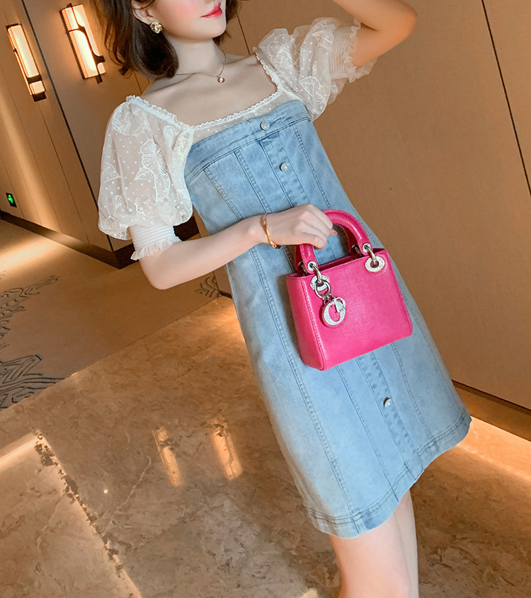 Đầm maxi nữ denim tay bồng cổ vuông không lưng — Trắng sọc chi tiết 4