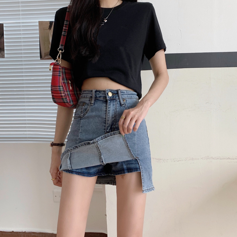 High Waisted Denim Skirt A Line Stretch Fabric Split Design Summer Casual Wear Wholesale Available