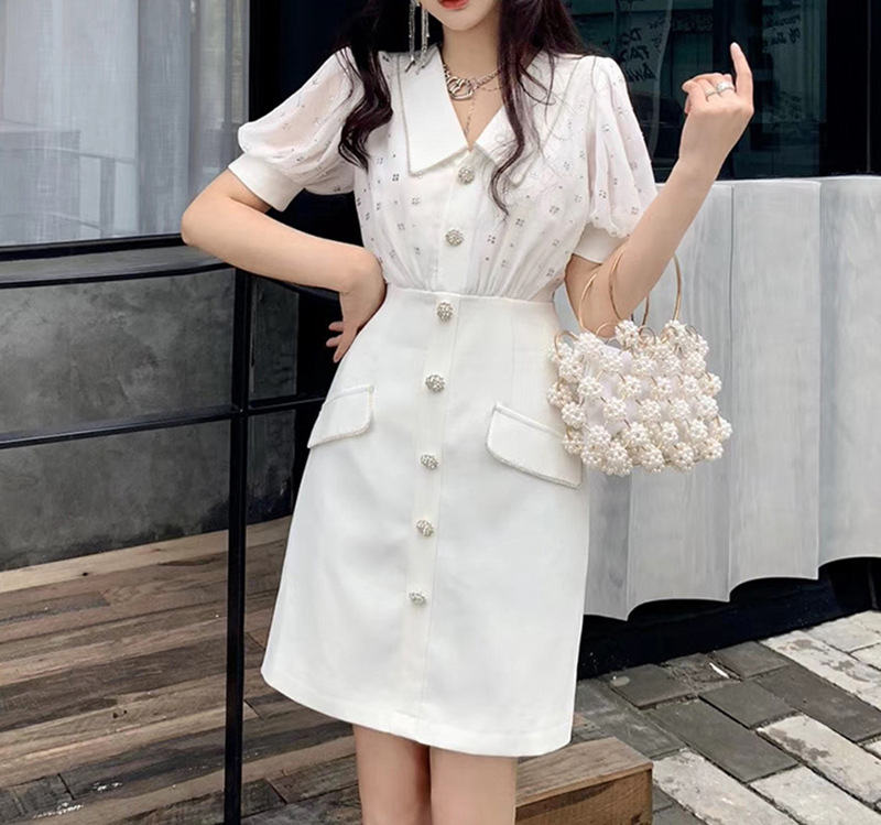 Đầm maxi nữ thắt eo cổ sơ mi tay ngắn đính đá — Trắng, Đen chi tiết 4