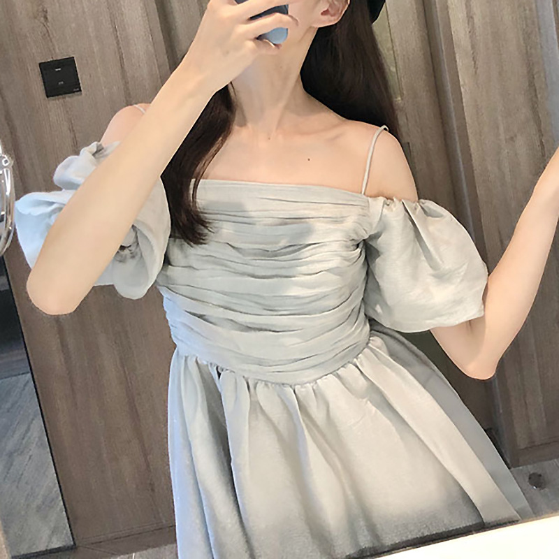 Đầm maxi nữ thắt eo dáng chữ A tay ngắn — Xanh lá cây chi tiết 3