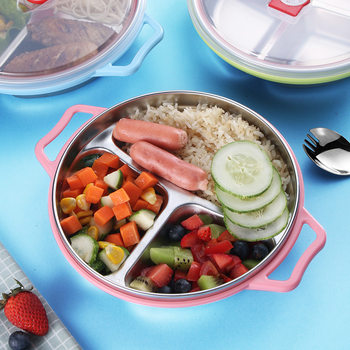 304 Children's Divided Dinner Plate Household Drop-resistant Stainless Steel Baby's Divided Rice Plate Three-compartment Rice Bowl Kindergarten Tableware