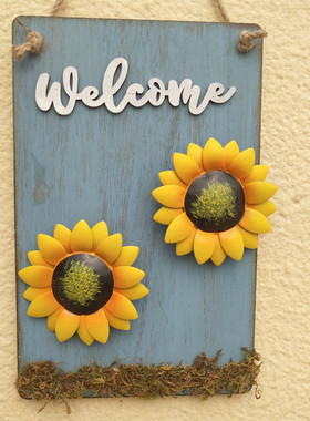 田园风格木板画装饰铁艺太阳花组合挂画客厅卧室酒吧墙壁挂饰品