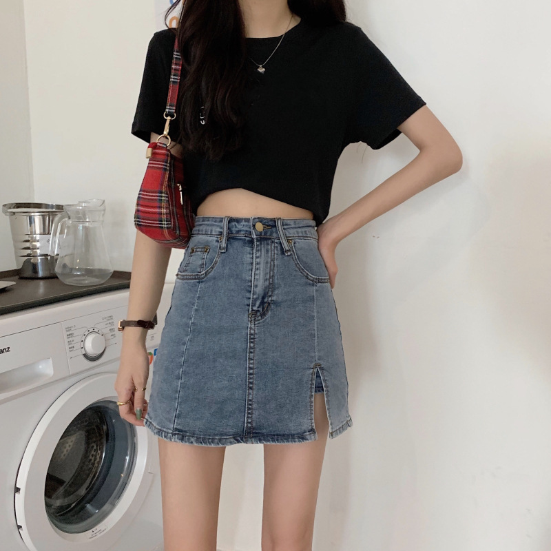 High Waisted Denim Skirt A Line Stretch Fabric Split Design Summer Casual Wear Wholesale Available