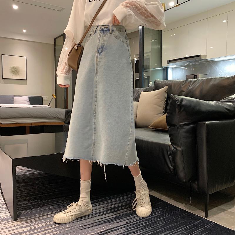 Vintage High Waisted A Line Denim Midi Skirt for Women Slim Fit Split Design Korean Style Perfect for Spring and