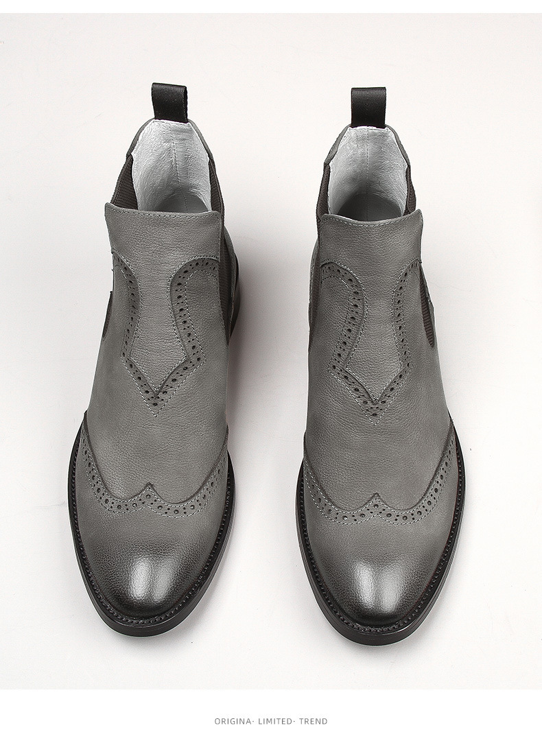 Boot Chelsea nam da bò thật vân vải thiều chạm khắc, cổ thấp lót lông giữ ấm — Màu đen lót nhung, Màu xám lót da, Màu đen lót da, Màu xám lót nhung