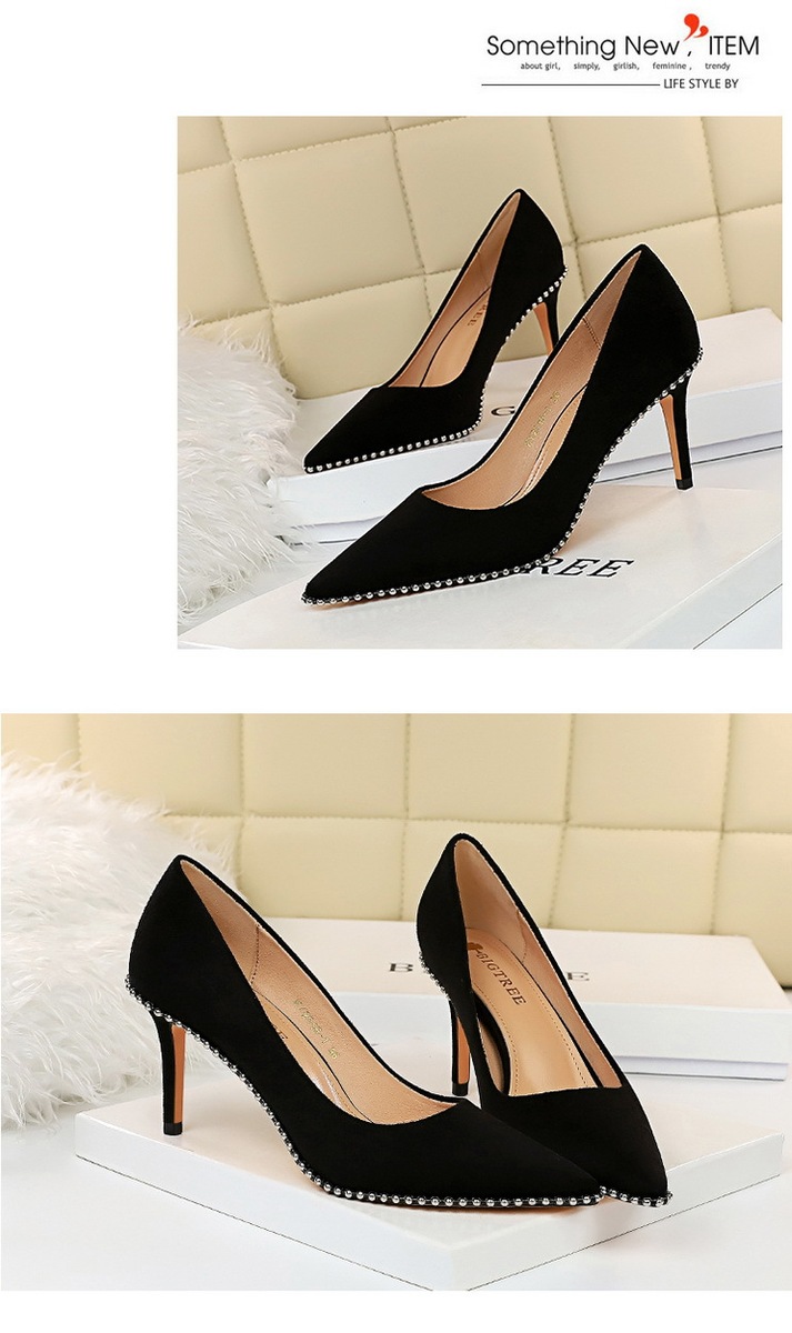 Giày cao gót nữ mũi nhọn gót nhọn 8cm mặt nhung phối xích kim loại — 1829-A5 đen 8CM, Kaki 8CM 1829-A5