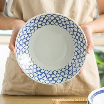 Japanese Style High Temperature Underglaze Color 8 Inch Ceramic Tableware Hotel Household Deep Plate Dish Fish Plate Round Plate Simple Breakfast Plate
