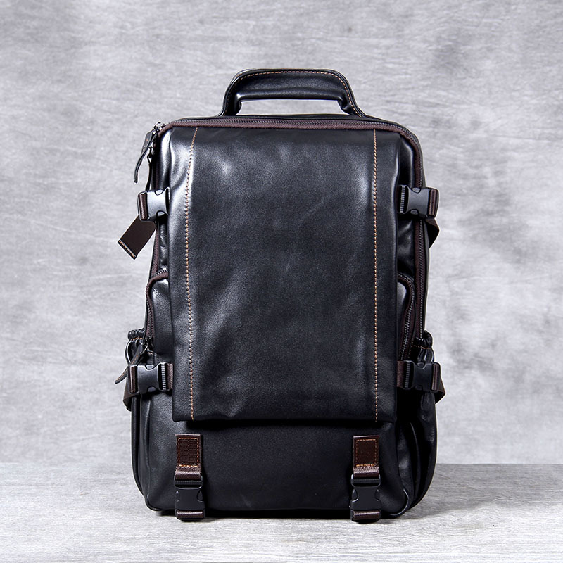 Balo Da Bò Đôi Đựng Laptop Du Lịch Leo Núi Thủ Công Unisex Phong Cách Cổ Điển Màu Đen
