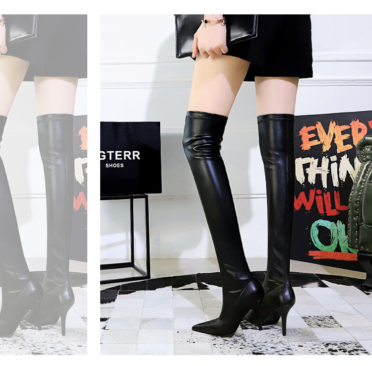 Boot nữ cổ cao quá gối mũi nhọn gót cao tôn dáng — Màu đen lót một lớp, Màu đen lót nhung