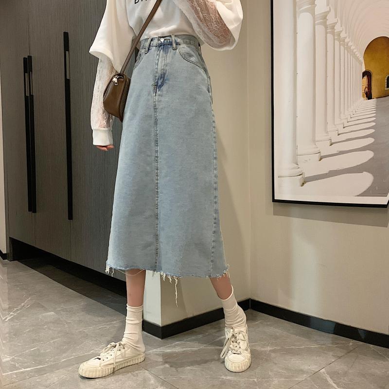 Vintage High Waisted A Line Denim Midi Skirt for Women Slim Fit Split Design Korean Style Perfect for Spring and