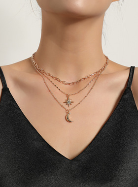 SPARKLE「月坠流光」欧美时尚月牙项链女镶钻六芒星小众锁骨链饰