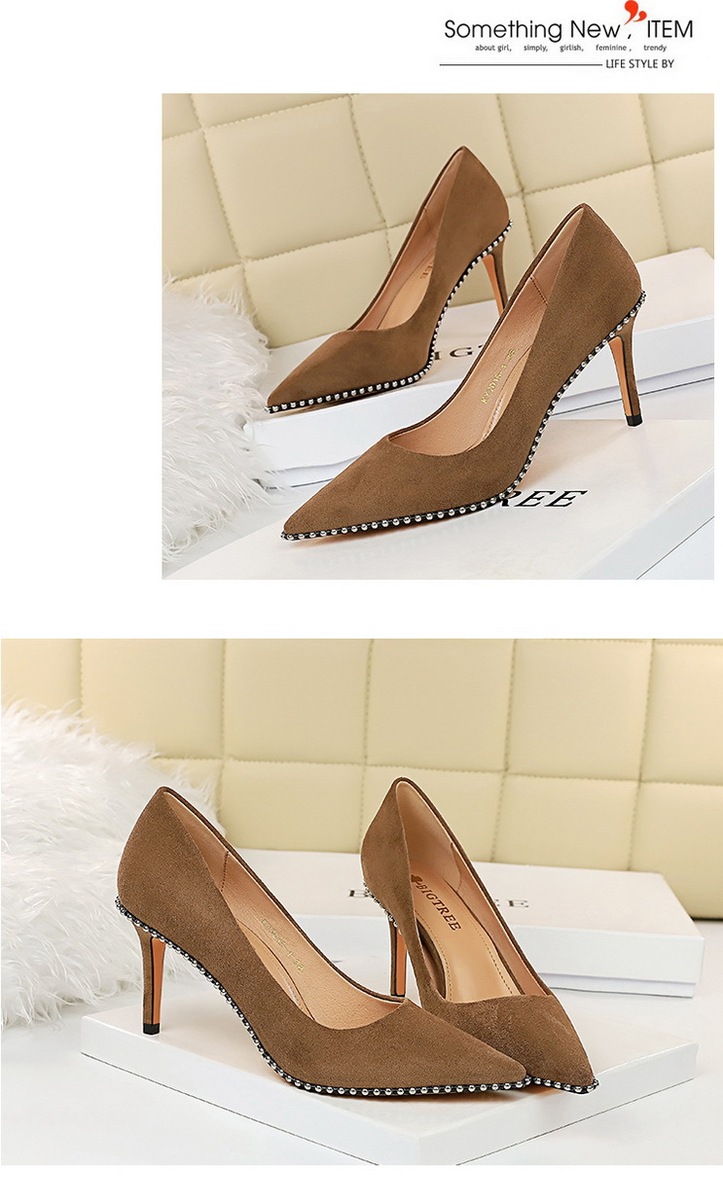 Giày cao gót nữ mũi nhọn gót nhọn 8cm mặt nhung phối xích kim loại — 1829-A5 đen 8CM, Kaki 8CM 1829-A5