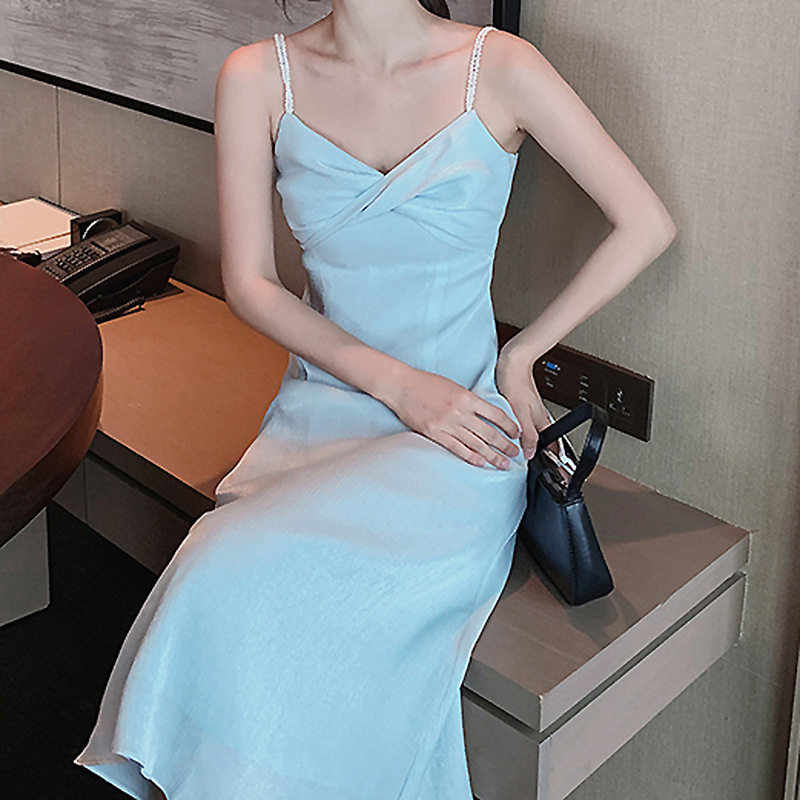 Đầm maxi nữ thắt eo phong cách Pháp cổ điển — Trắng, Xanh nhạt