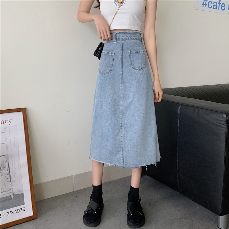 High Waisted Irregular Denim Midi Skirt Single Button A Line Slim Fit Spring Summer Fashion for Women Wholesale