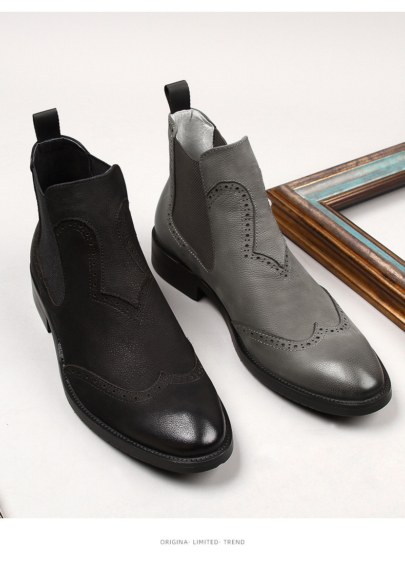 Boot Chelsea nam da bò thật vân vải thiều chạm khắc, cổ thấp lót lông giữ ấm — Màu đen lót nhung, Màu xám lót da, Màu đen lót da, Màu xám lót nhung