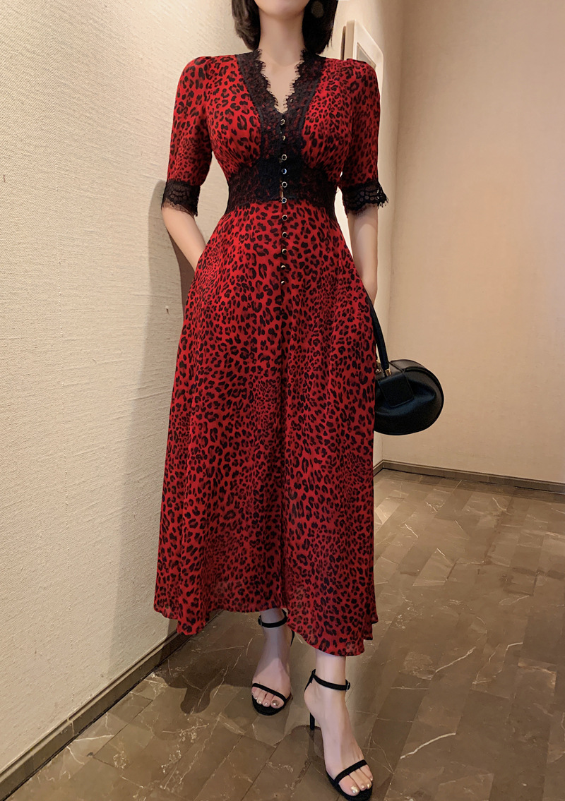 Đầm maxi ren nữ V cutout dáng suông tay lỡ họa tiết hoa — [Đỏ] chi tiết 7