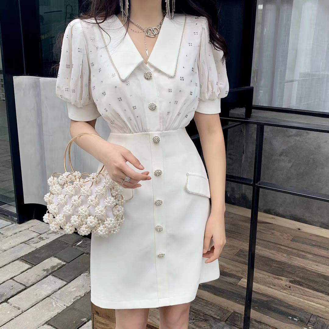 Đầm maxi nữ thắt eo cổ sơ mi tay ngắn đính đá — Trắng, Đen chi tiết 2